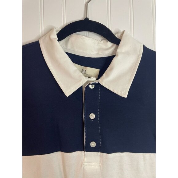 Thread & Supply Navy & Cream Striped Collared Long-Sleeve Polo Shirt X-Large - Picture 3 of 12